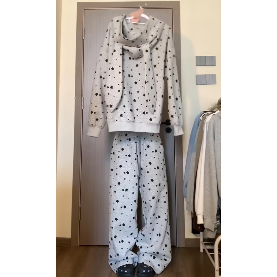 星星印花兔耳朵连帽睡衣女2025新款大码长袖长裤家居服套装可外穿