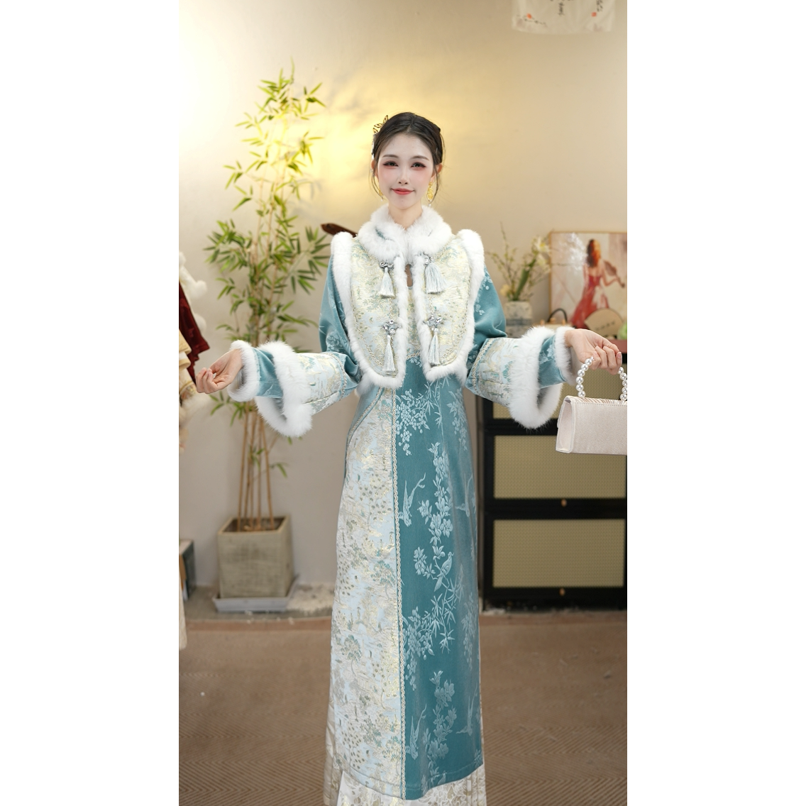 花想容2025冬季新款复古加绒蓝色保暖女装连衣裙套装（5927+5937