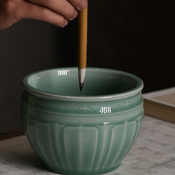 青莲笔洗 中国风文房四宝陶瓷笔洗毛笔书法用品  水盂手工青瓷