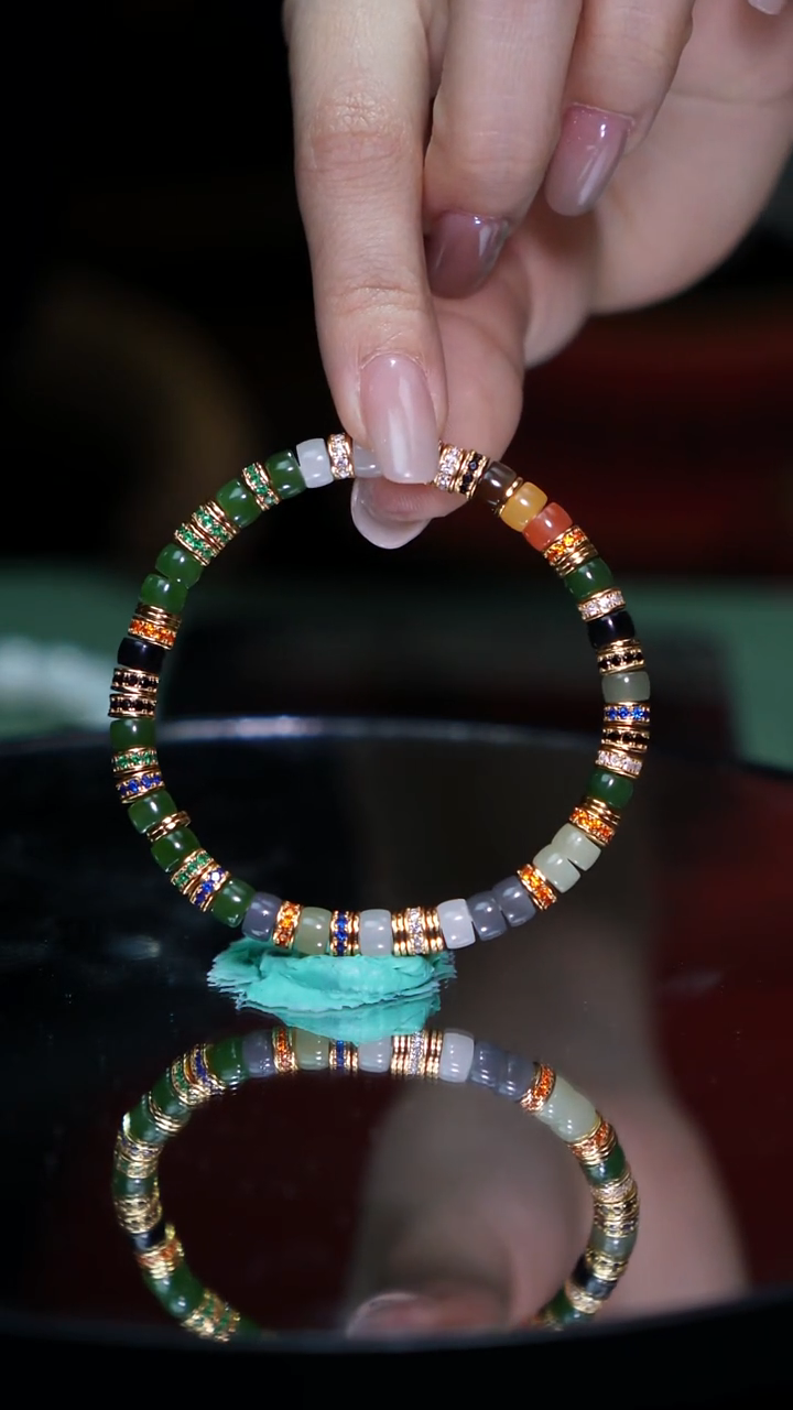 银S925镀金镶嵌和田玉挂件26克禅韵系列多宝手串卡6mm