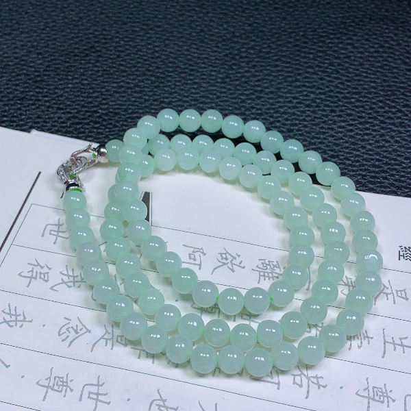 天然翡翠A货老坑冰糯种浅绿色圆珠项链90颗妈妈长链时尚链珠珠珠