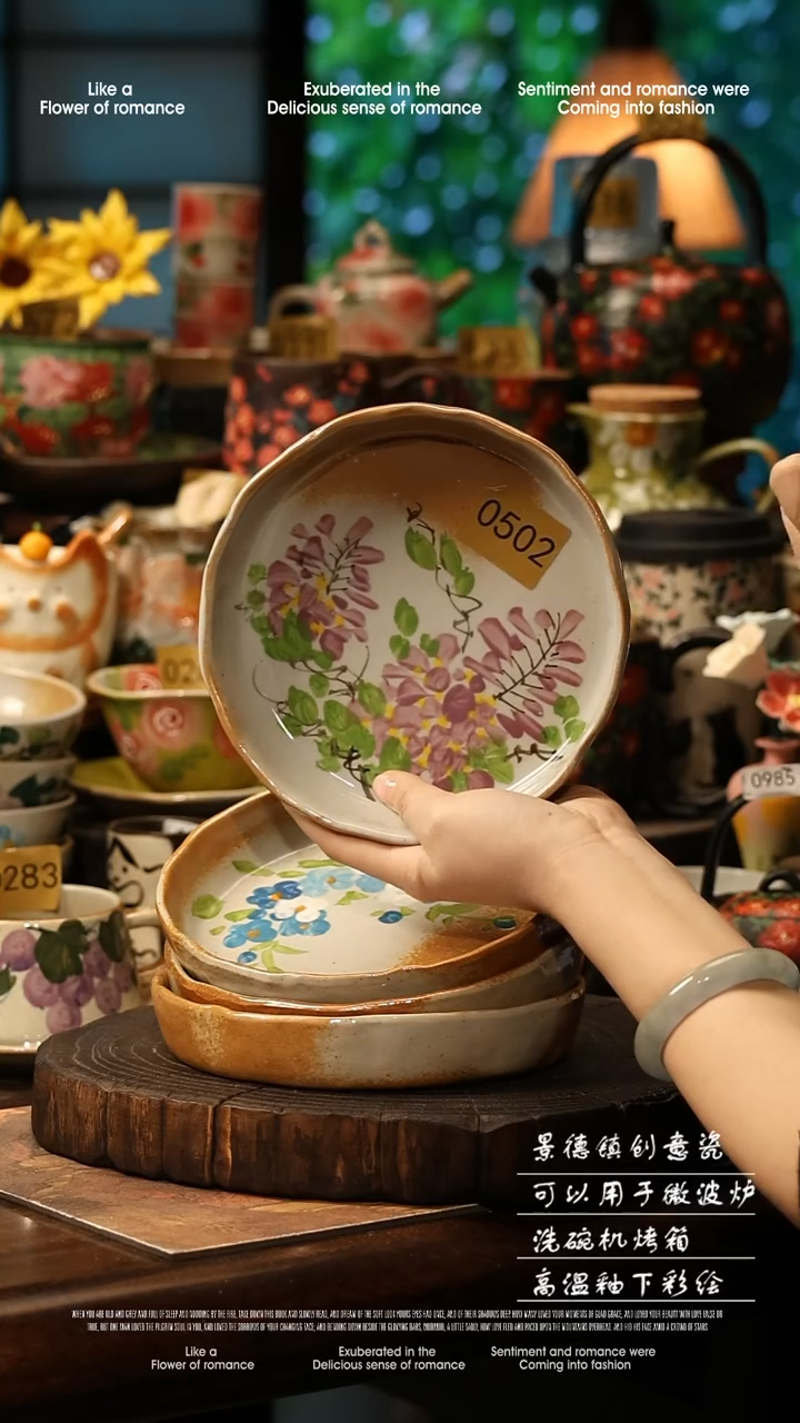 陶瓷四件套景德镇高温釉下彩手工手绘款式