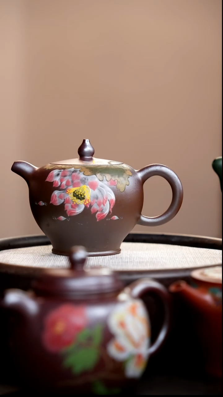茶壶紫砂柴烧朱泥鼎珠泥绘荷花