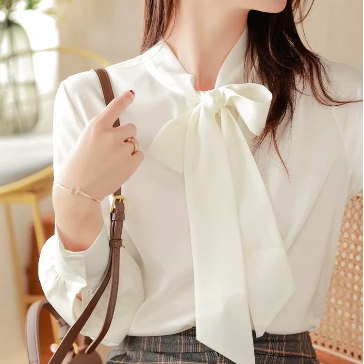 CS1208春秋显瘦气质蝴蝶结飘带衬衣长袖法式红色系带设计感