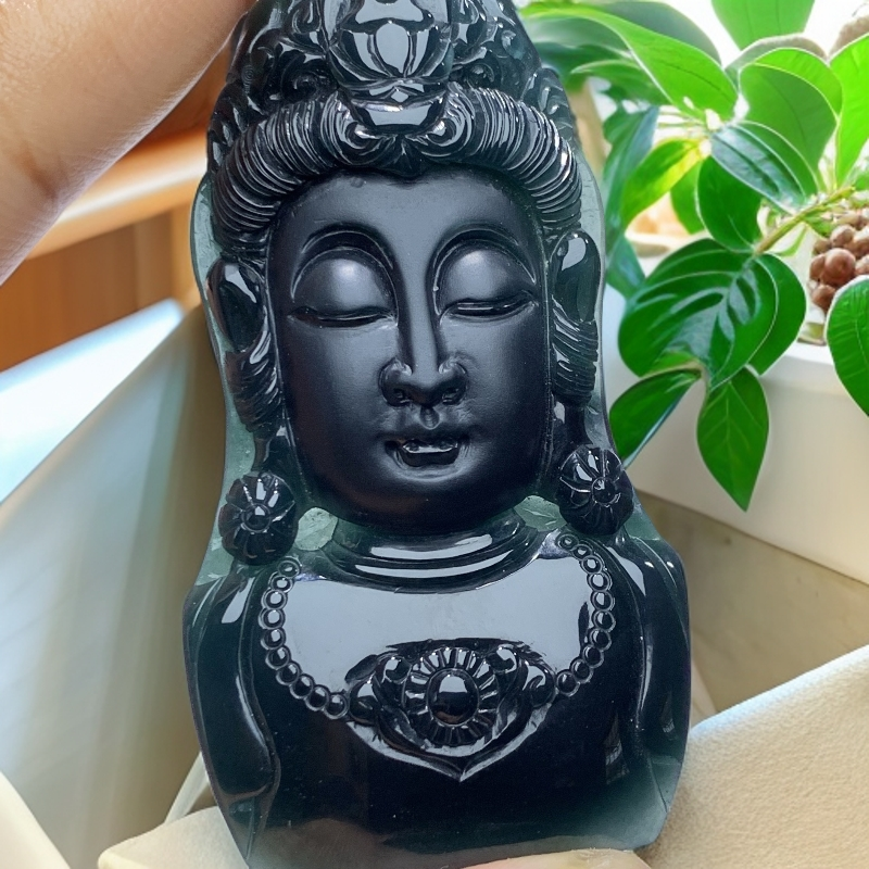 天然翡翠Ａ货精雕老蓝水立体观音圣像守护吊坠，尺寸69.7.34.2*7.5