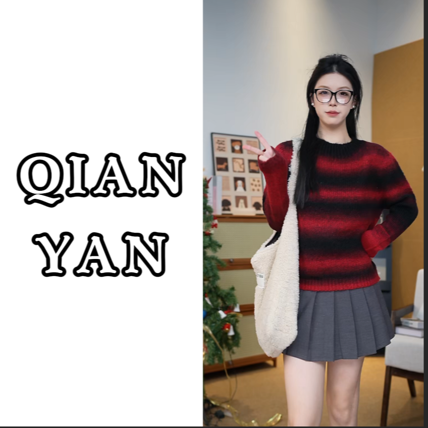 1230#菲菲宽松秋冬毛针织衫条纹镂空针织衫休闲上衣时尚圆领毛衣