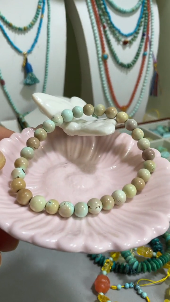 未镶嵌绿松石珠宝奇石6mm+粉色圆珠手串