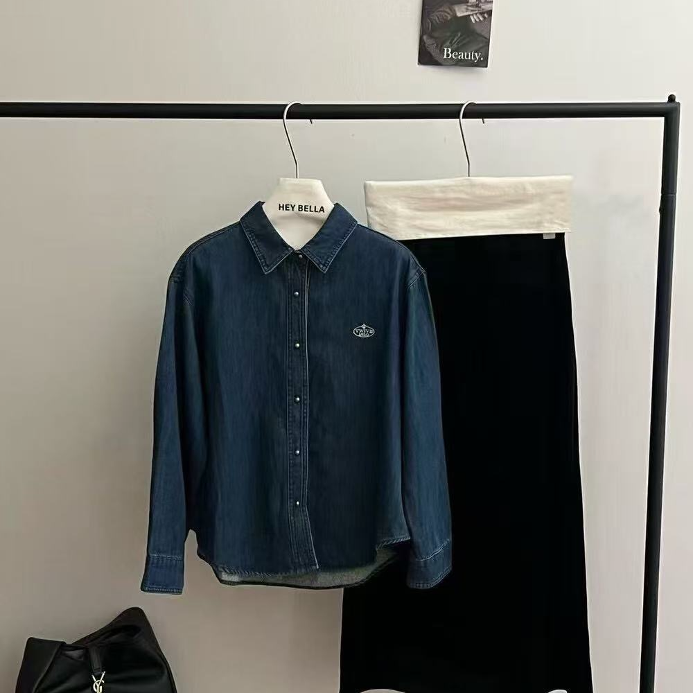复古刺绣水洗蓝牛仔衬衫女宽松百搭休闲磨毛外套