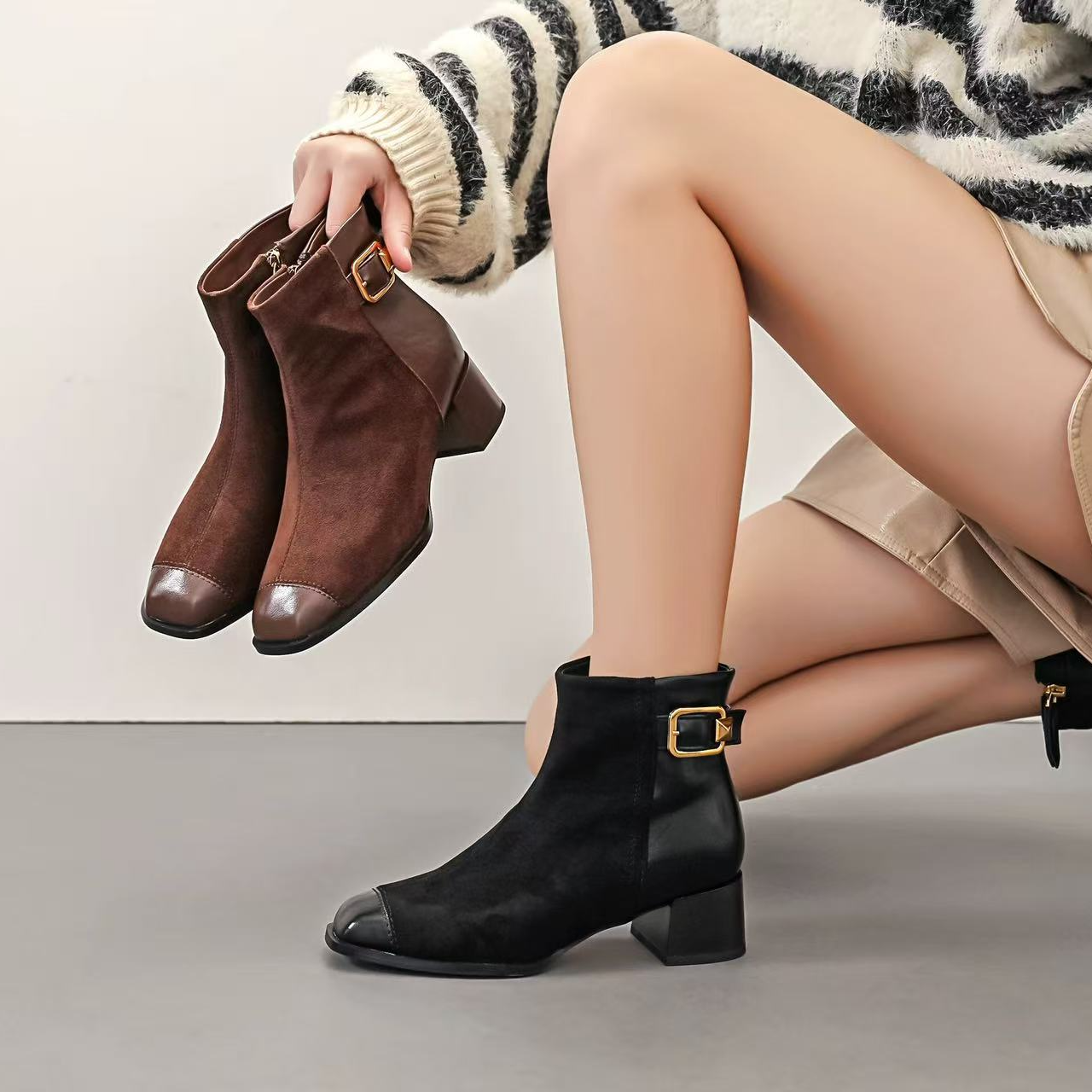 DJ003【+运费补贴】法式粗跟短靴女单靴秋冬新款复古切尔西及裸靴