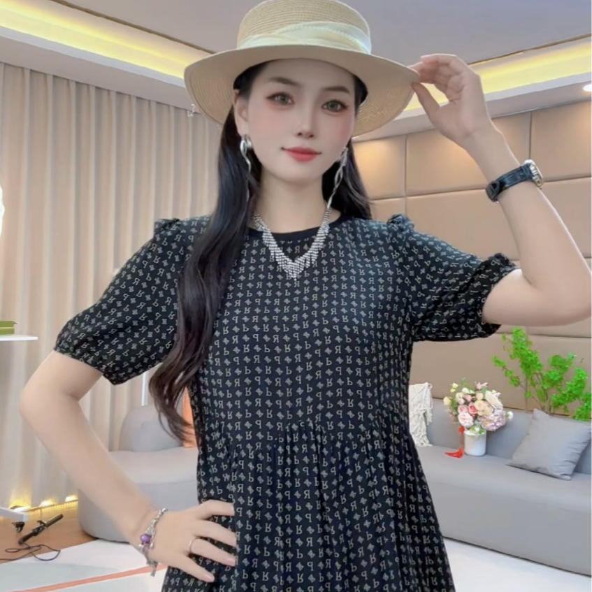 “字母印花”夏季黑色宽松腰带版真丝连衣裙 90308