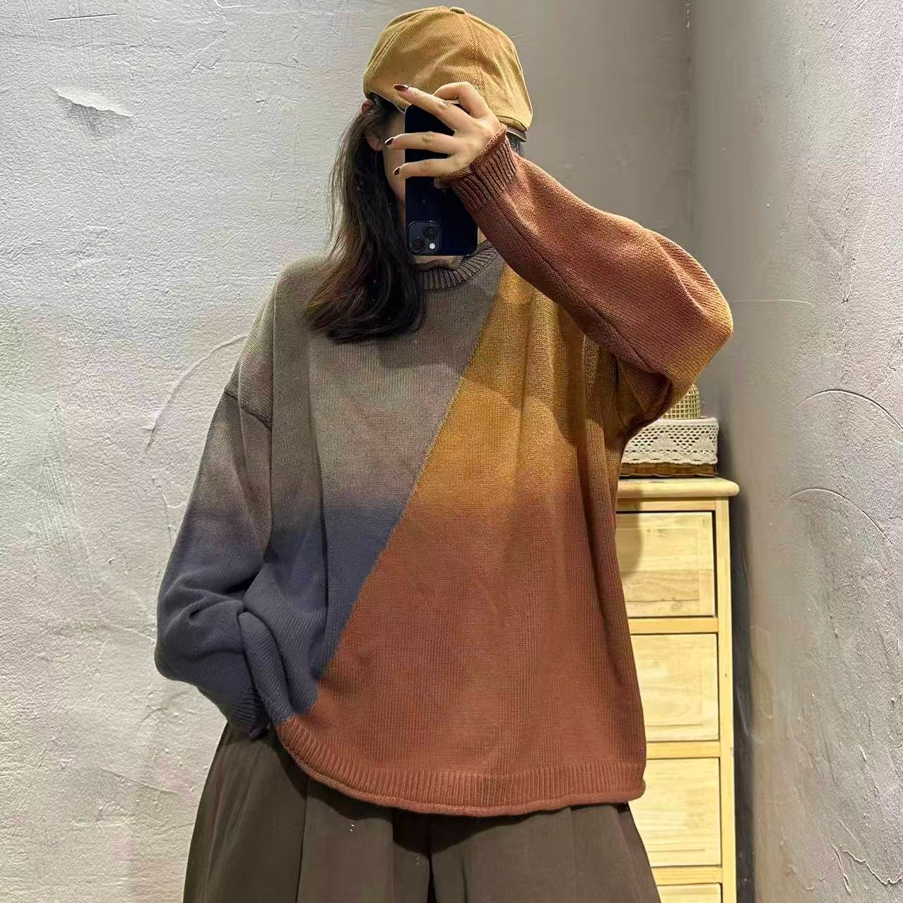 【半奏】秋季新款设计款晕染拼接炒色做旧毛衣女 胸围136衣长68