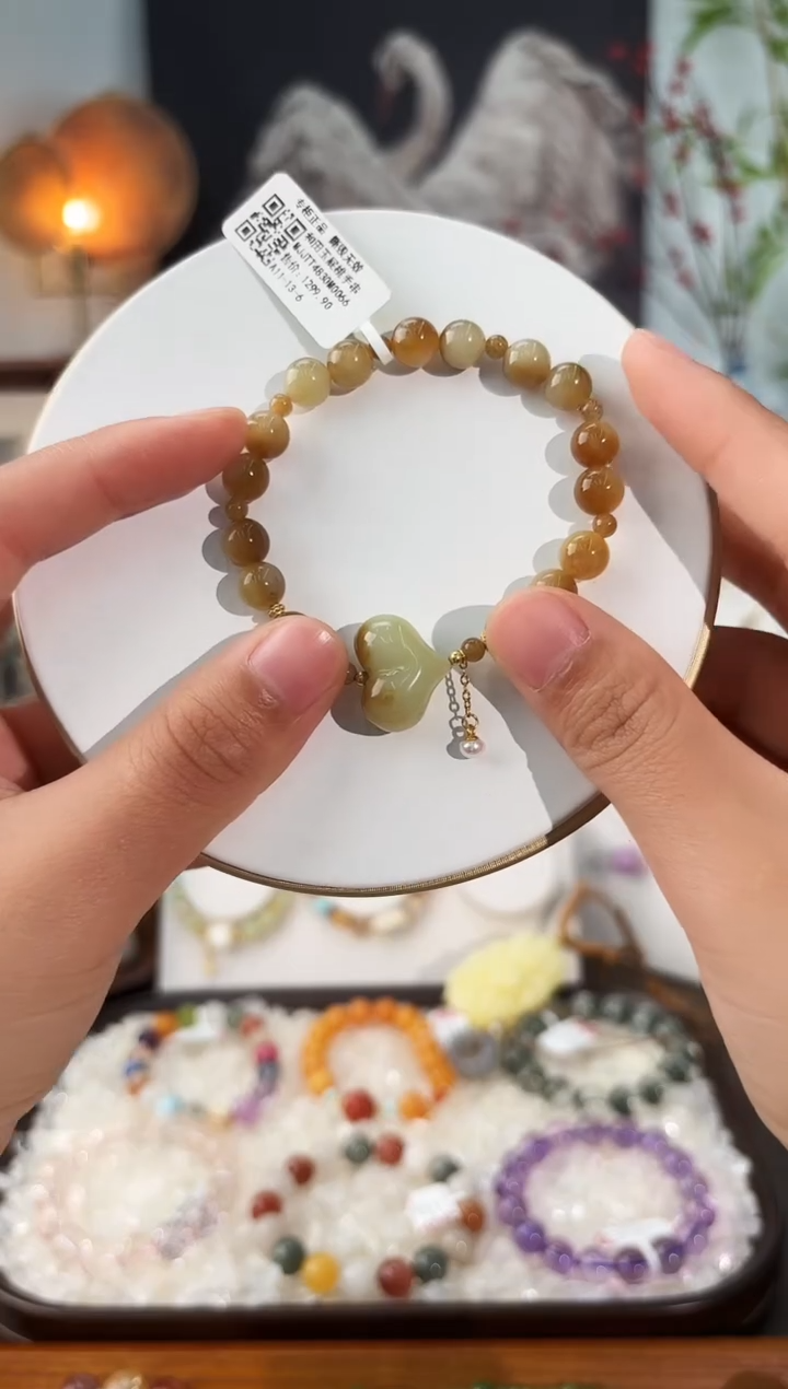 银S925镶嵌手串和田玉（糖玉）MJJTT4830和田玉屁桃手串多样性发一