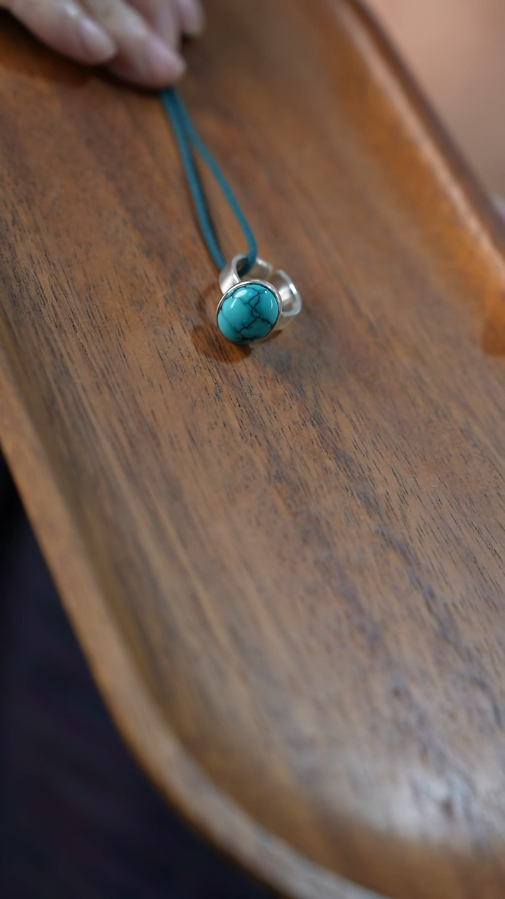 足银镶嵌绿松石戒指（不含绳）湖北原矿绿松YXH-023