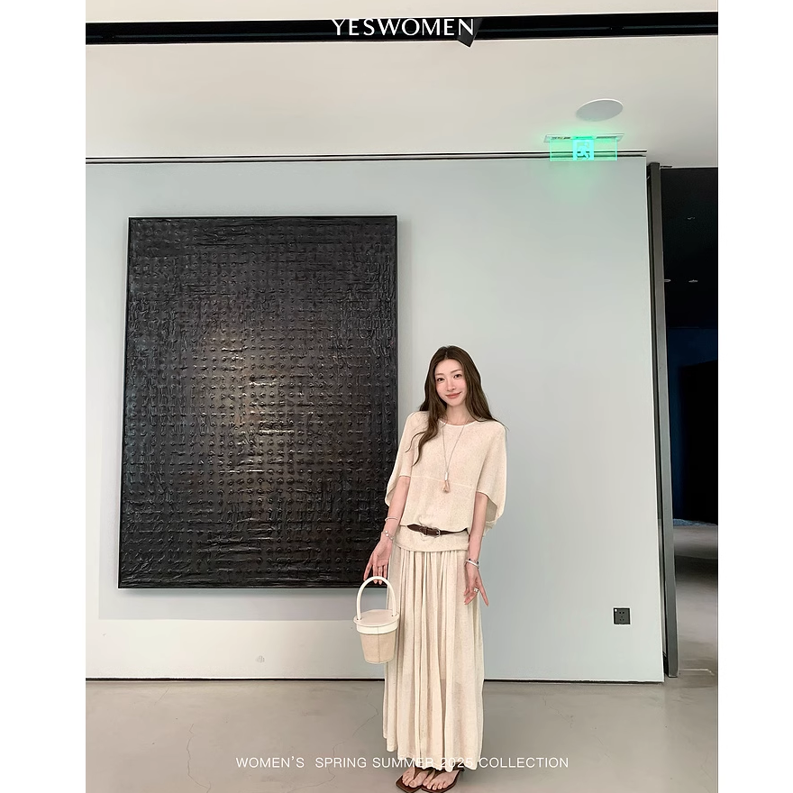 YESWOMEN侘寂天丝麻·慵懒蝙蝠袖極简线条感收褶半裙XY7054F1234B