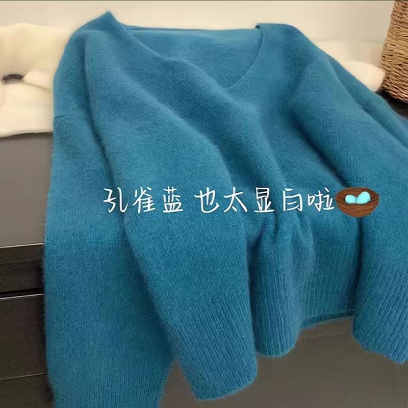 孔雀蓝V领针织衫女秋冬慵懒纯色毛衣2025新款打底衫宽松长袖上衣