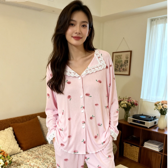 7345秋季新款面膜弹力桃子印花甜美家居服套装