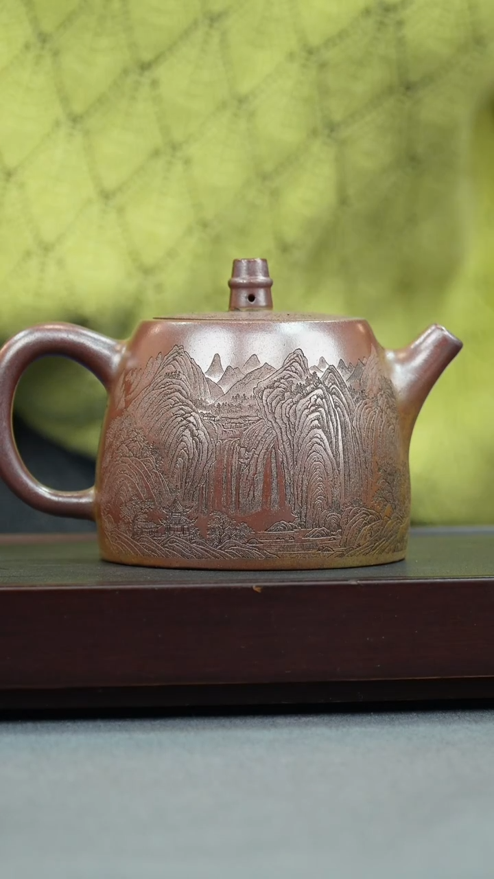 【闪购商品】紫砂茶壶九段烧 汉铎 刻山水