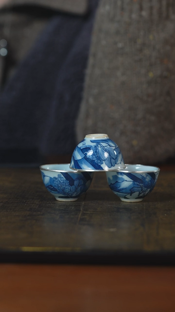 六*韵弥云斋康熙山水包银三客杯