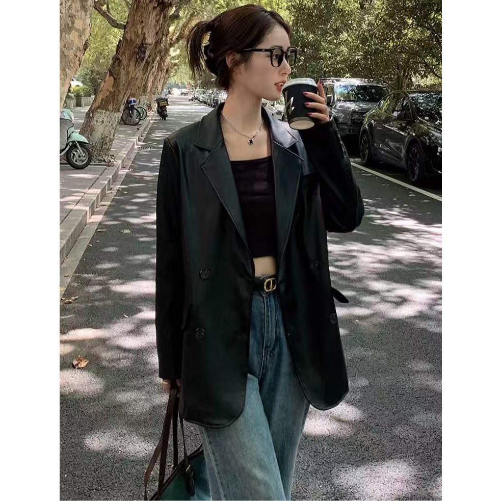 无印心匠k1383 秋冬宽松复古设计感黑色皮衣加棉外套 P942