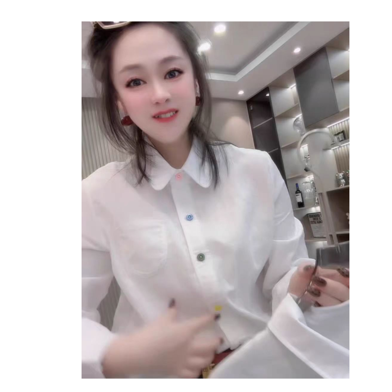 D5392早春新款韩式简约彩扣Polo白色通勤百搭衬衣