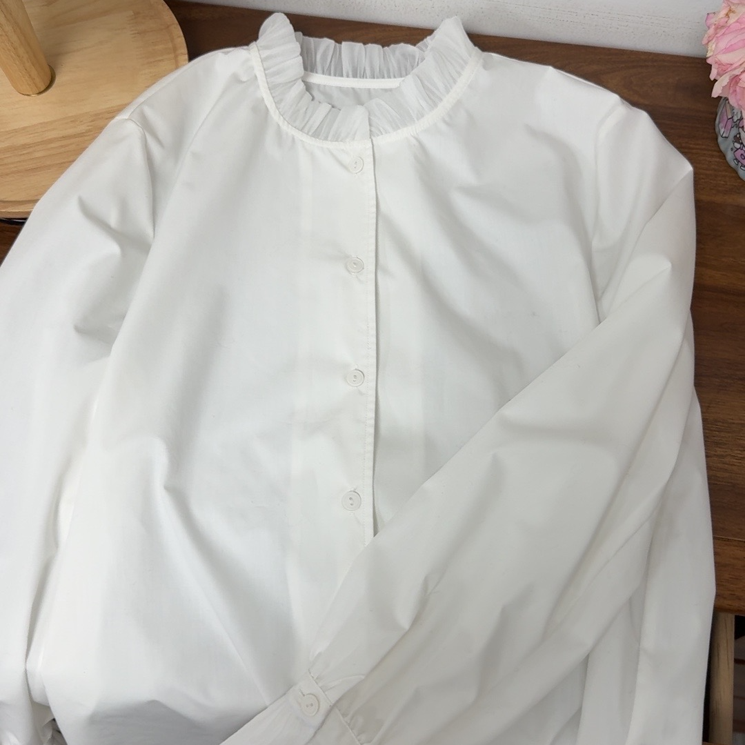 【原歌】春夏季新款法式简约气质白色木耳边长袖衬衫女YG468