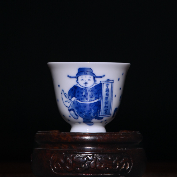 景德镇九段烧妙手青花婴戏学海有涯一口杯品茗杯A4茶杯茶具陶瓷