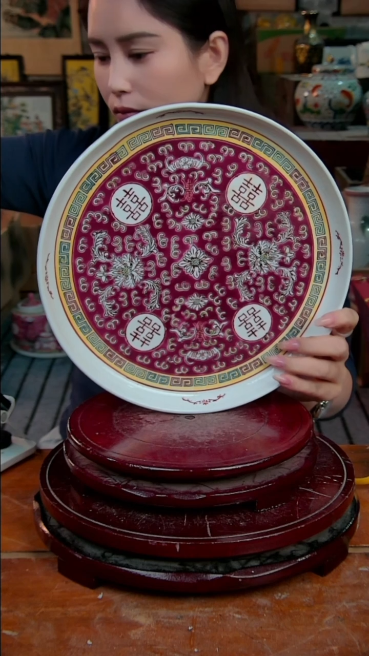 摆件陶景德镇陶瓷摆件红色喜字圆盘