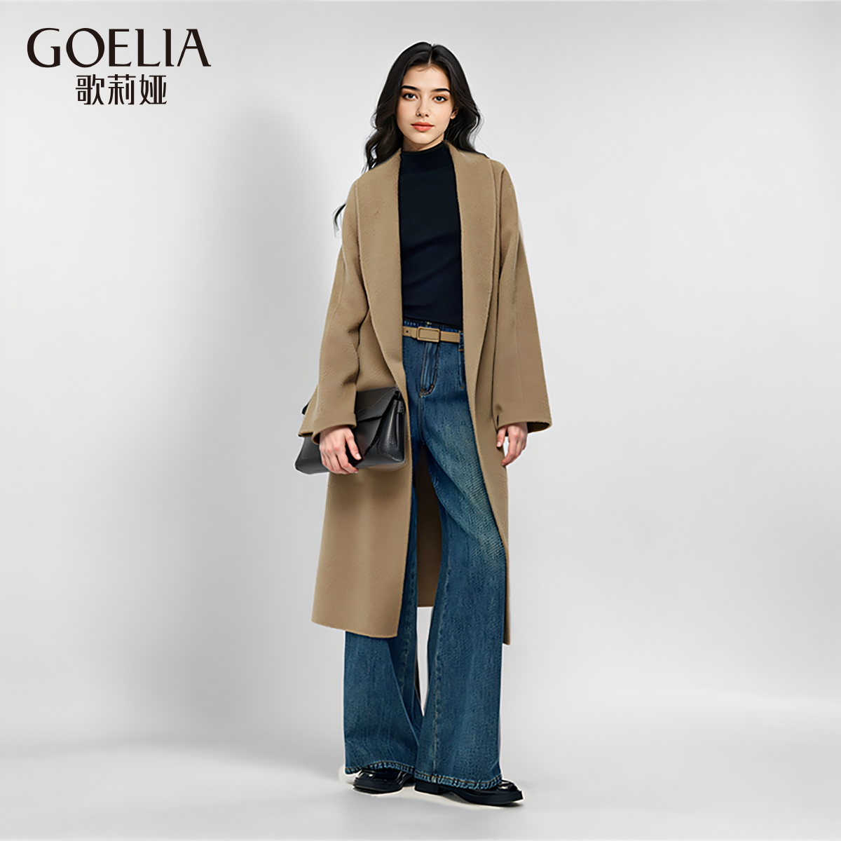 歌莉娅冬季骆驼绒中长浴袍大衣送本布腰带1CNL6N0Z0