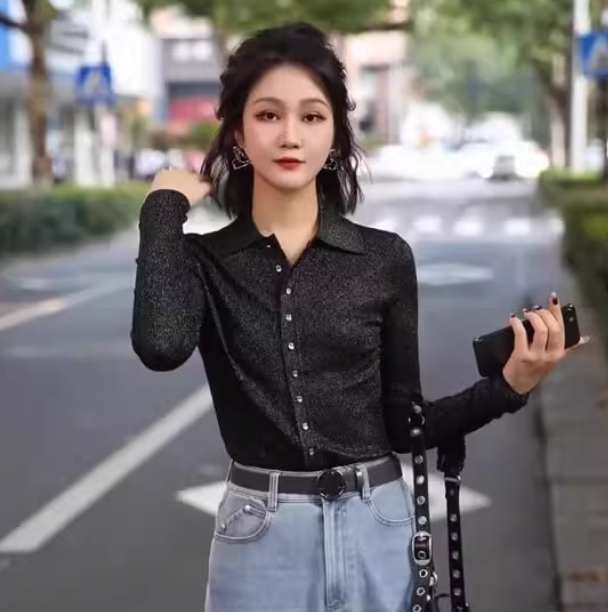 【商场同款】修身针织衫长袖翻领细闪弹力纯色开衫衬衫女款5399662