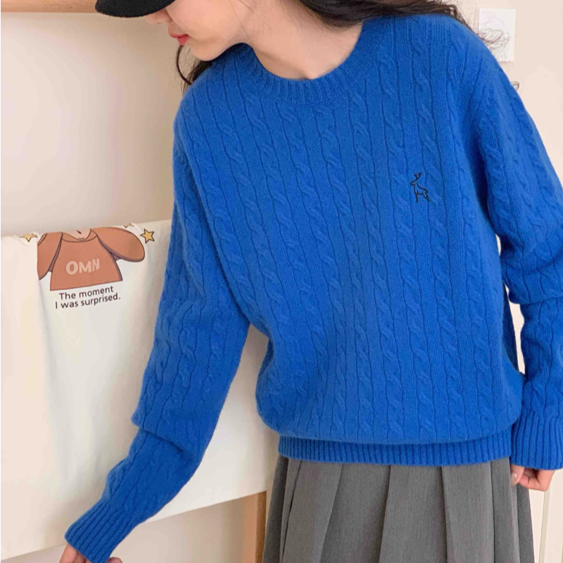 【素简.890138】100绵羊毛长袖韩版小鹿绣花套头羊毛衫（1.3福利）