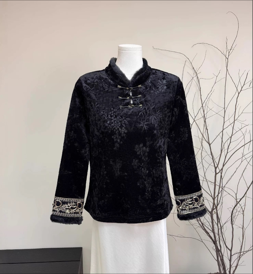 【NA家】斜襟半开领长袖常规款纯色上衣时尚新中式气质复古