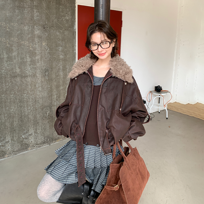 河岸家设计师AndAnything花苞拼接格纹可拆卸羊毛领外套25秋冬