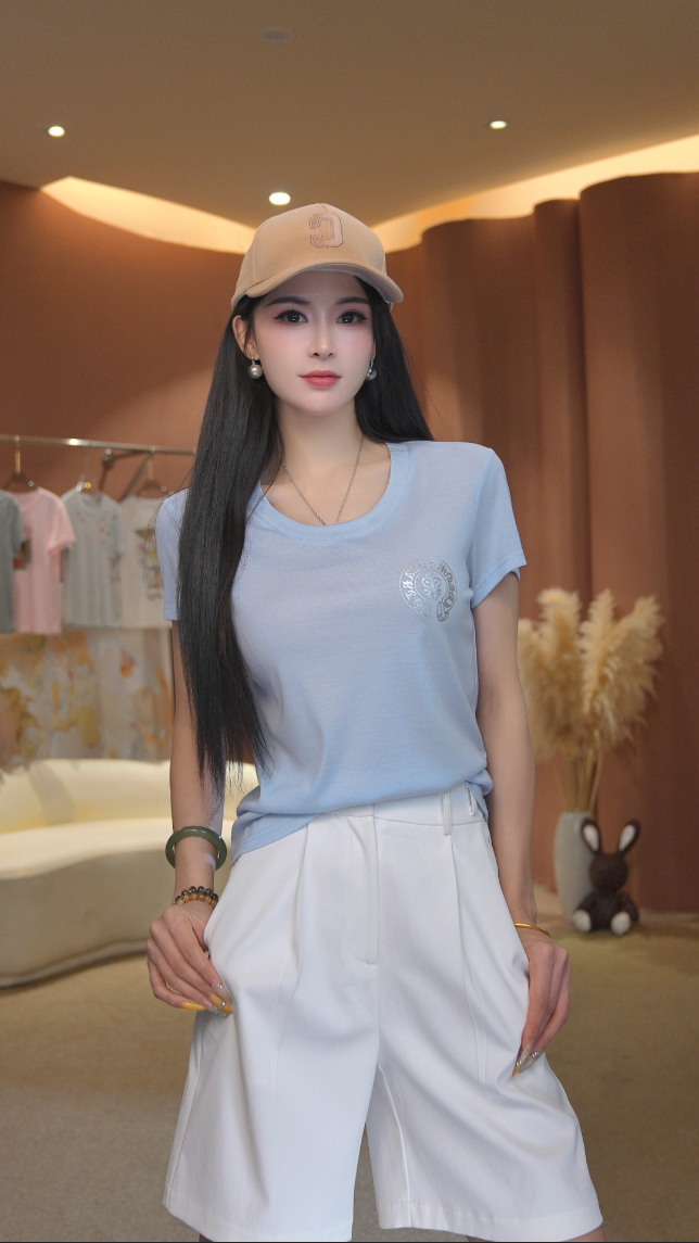 复古U型领印花设计基础款短袖夏显瘦百搭修身上衣女 T25812