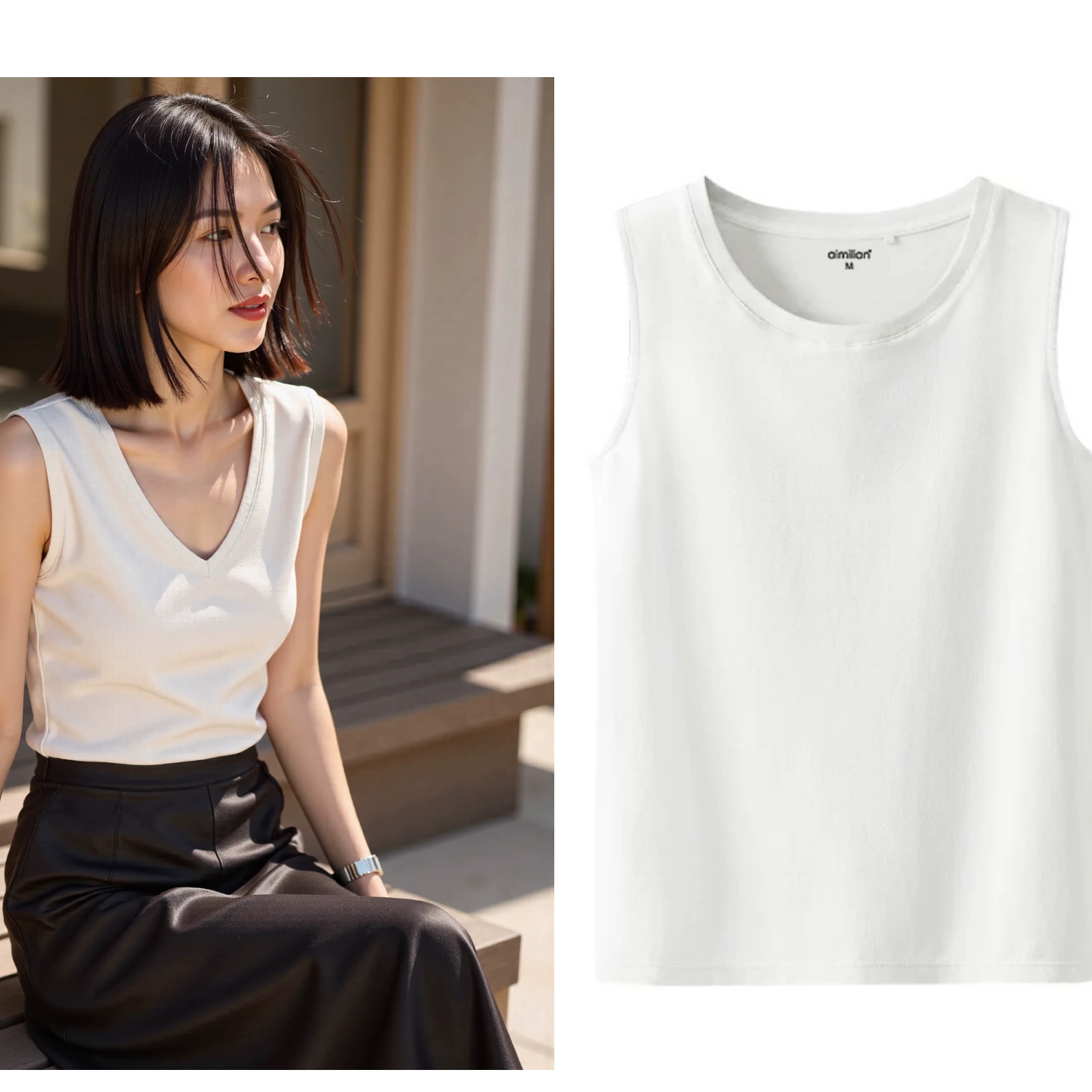 D1133薄款无胸垫基础款简约V领/圆领背心女士夏季外穿无袖T恤