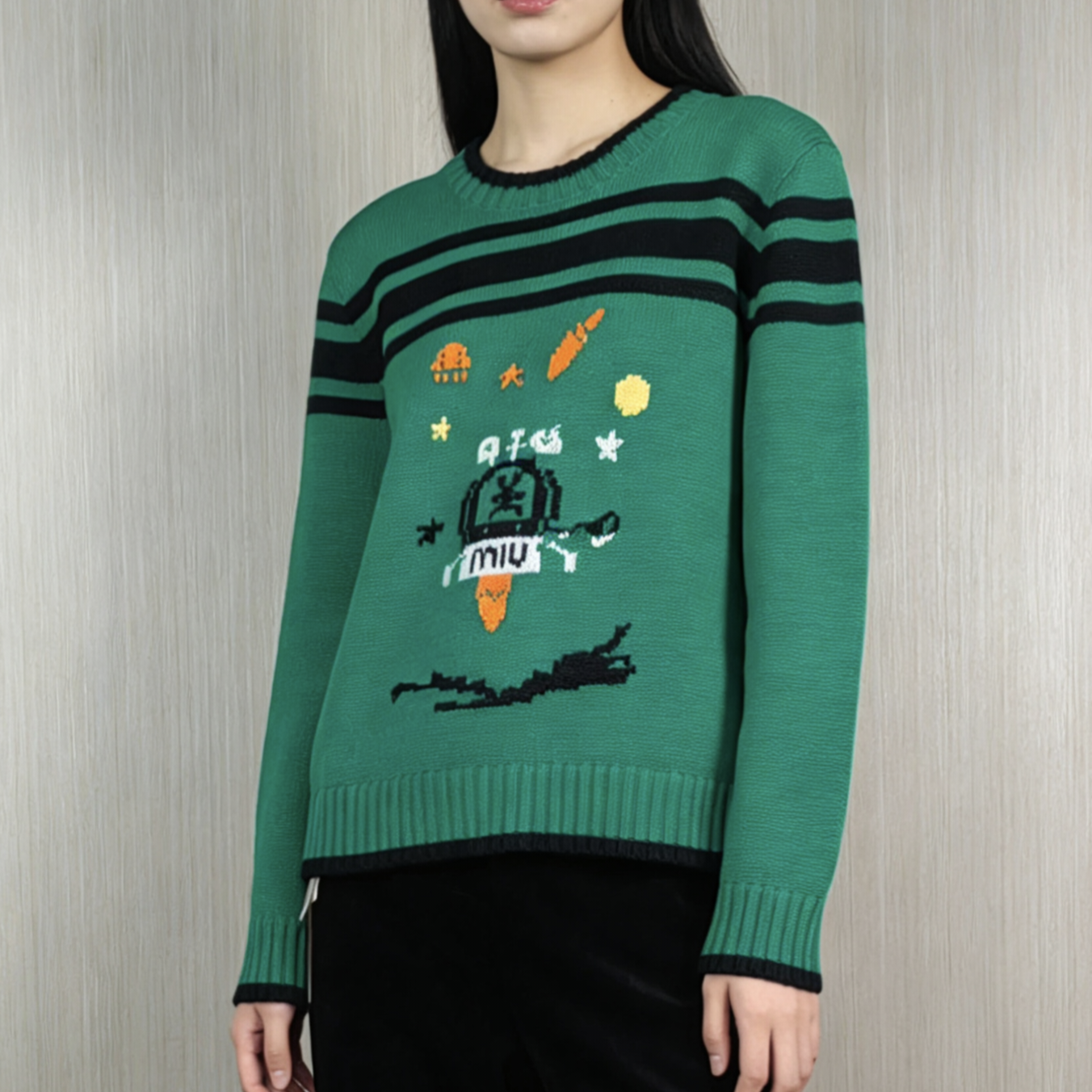 99新 MIU MIU/缪缪 条纹绿色毛衣冰激凌刺绣 38 18819099