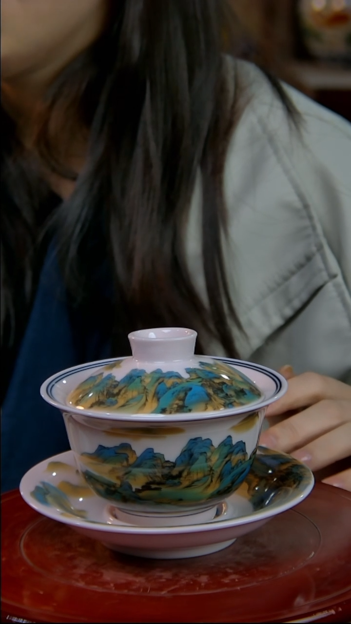 摆件陶景德镇陶瓷摆件稀土千里江山三才