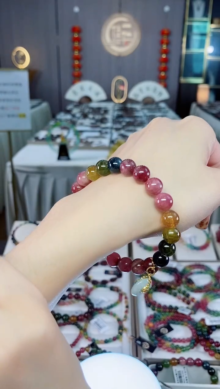 老矿碧玺色标油料单圈手串78mm+未镶嵌碧玺dan多样性发货一条