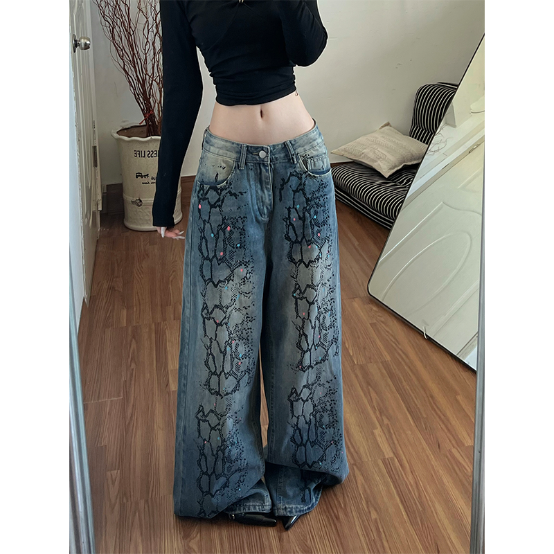 美式蛇纹烫印重工牛仔裤女秋季2025新款设计感宽松拖地阔腿裤子