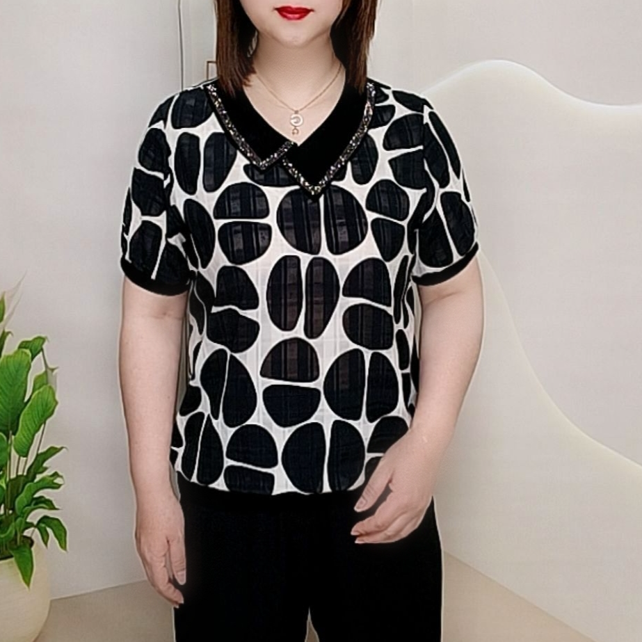 时尚洋气百搭不规则娃娃领烫钻妈妈装高贵气质宽松显瘦短袖上衣女
