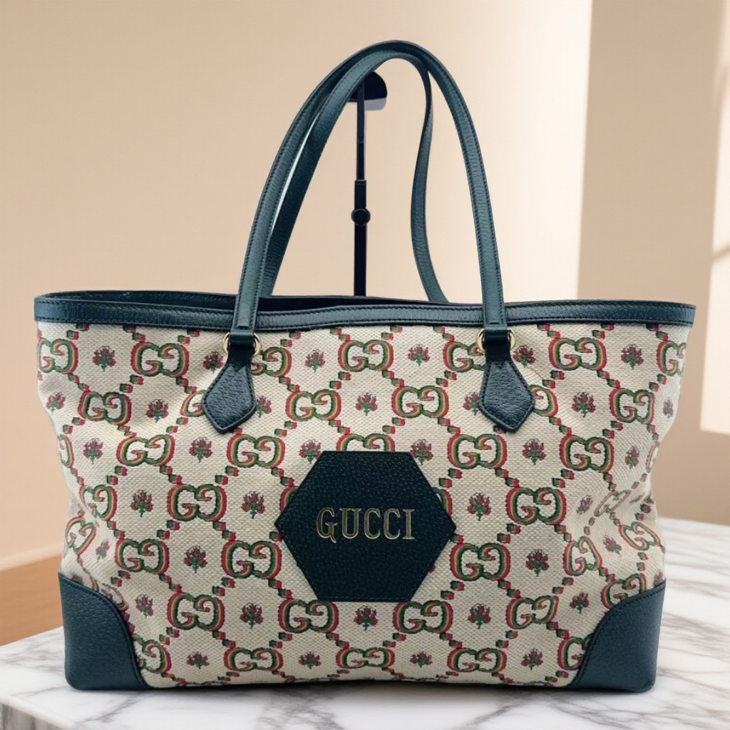 95新 GUCCI/古驰 绿色帆布老花托特 1725 7142