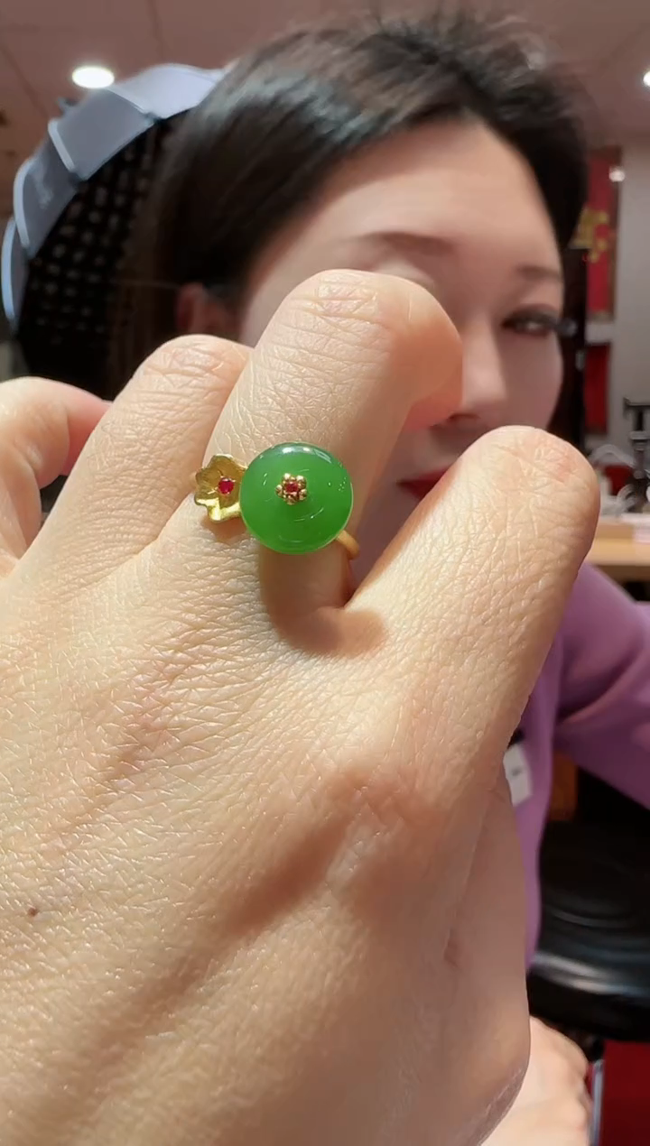 【闪购商品】和田玉戒指18K金镶嵌平安扣戒指HNZ8378