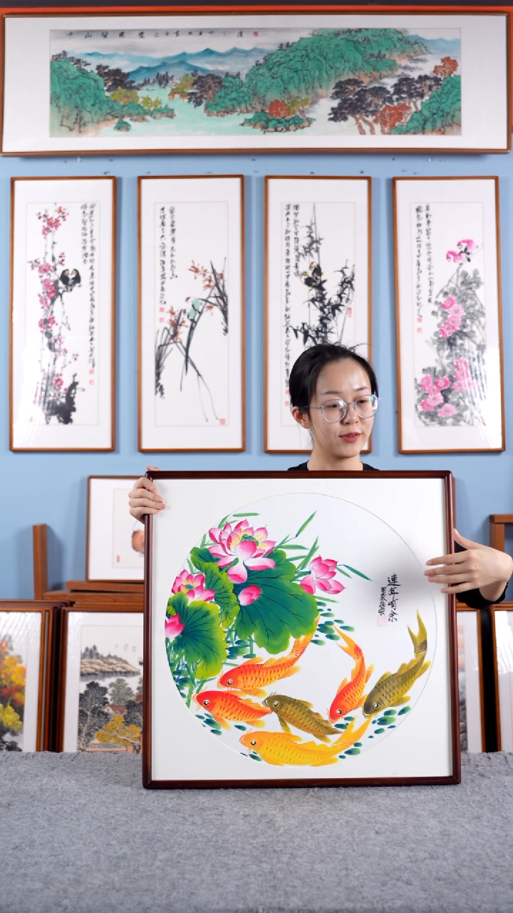 【闪购商品】国画张宏《连年有余》手绘带框63*63