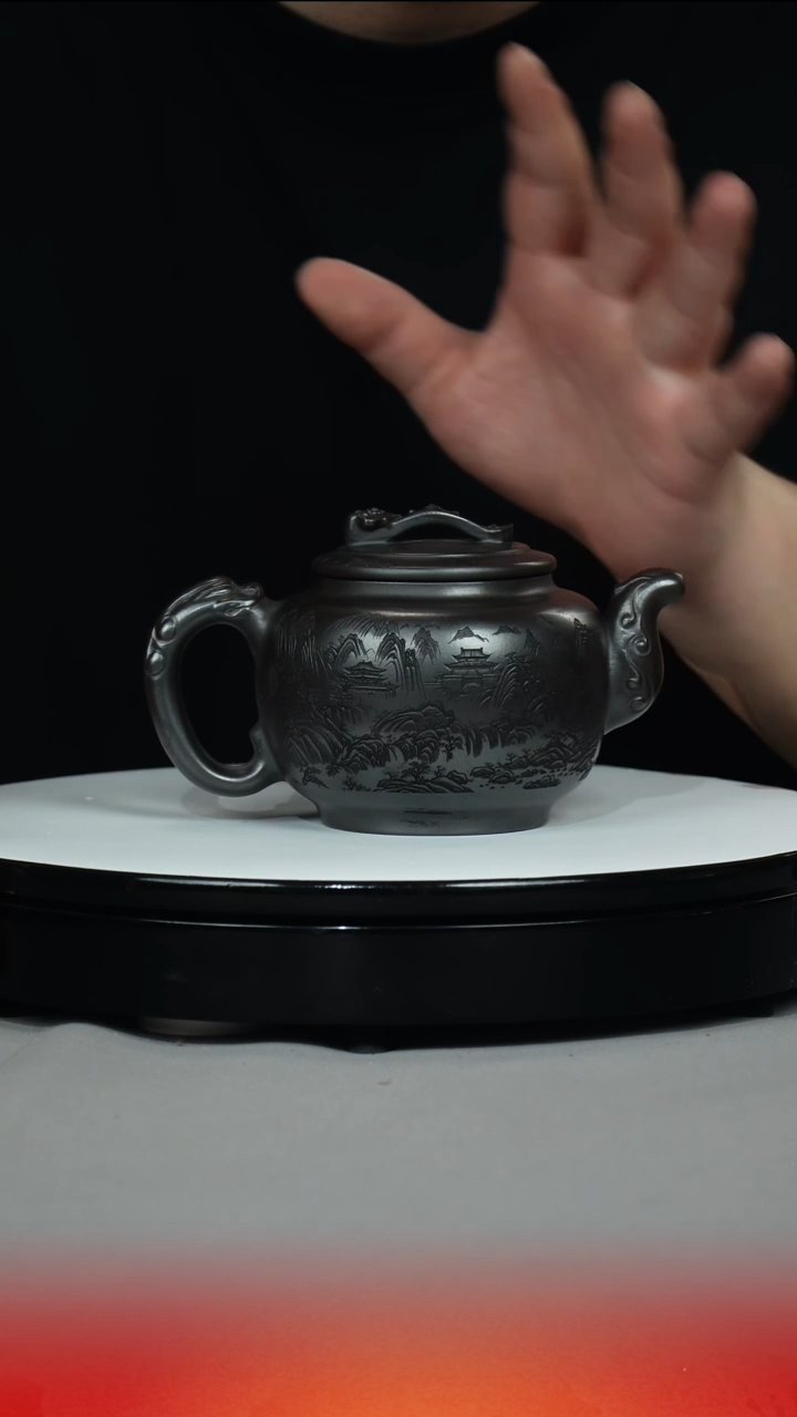 茶壶紫砂石黄 汲泉 刻绘山水楼阁