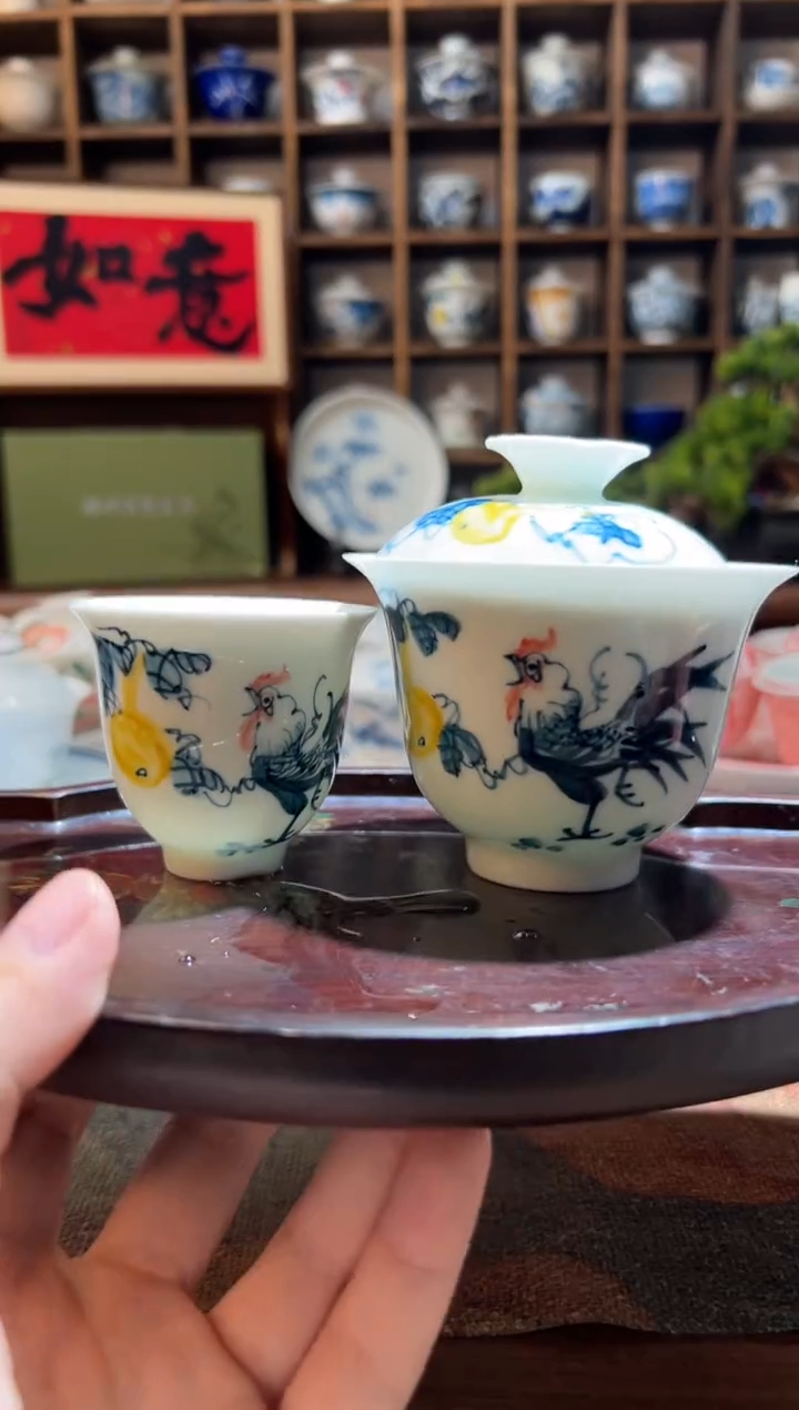 【闪购商品】手绘葫芦鸡二才盖碗+送主人杯