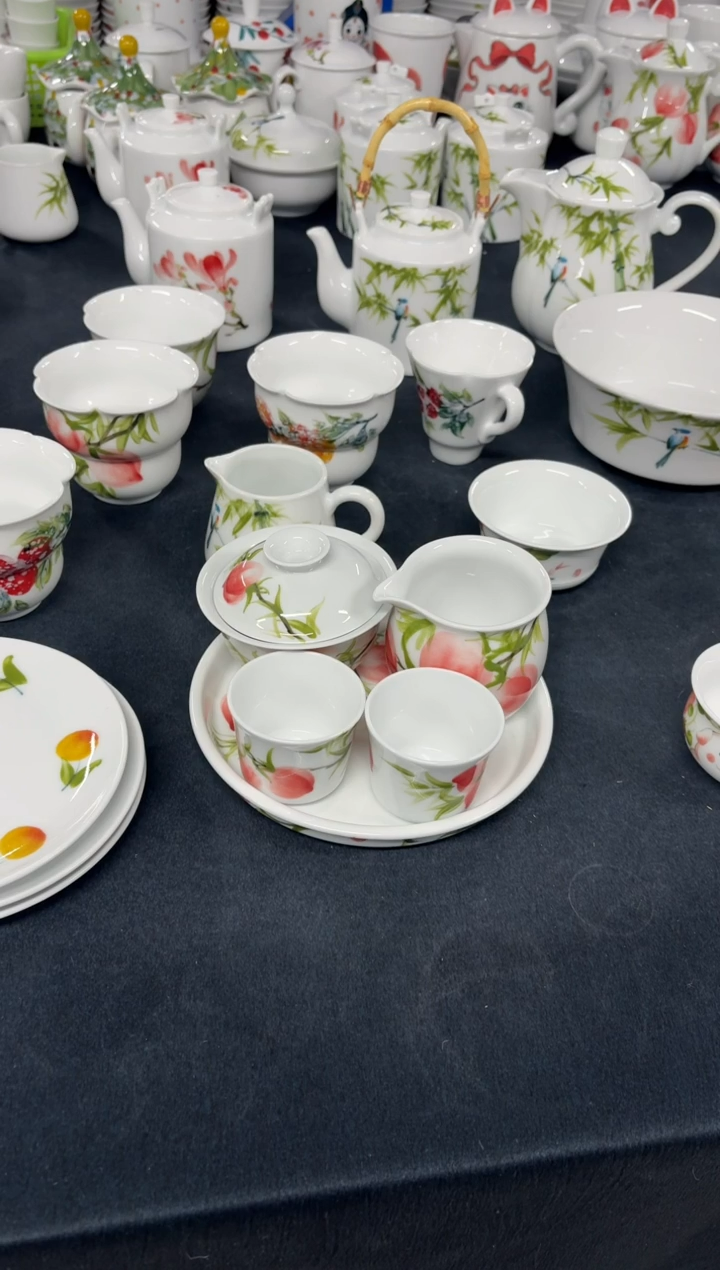 景德镇高温陶瓷食品级手绘釉中彩-水蜜桃茶器套装