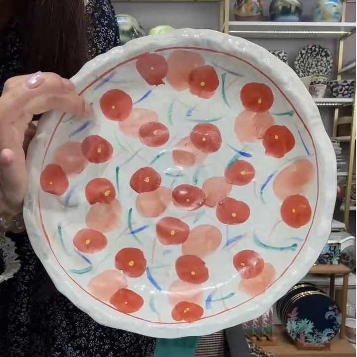 【单支】日本进口Bloom手绘红果花不规则边圆形深盘26cm