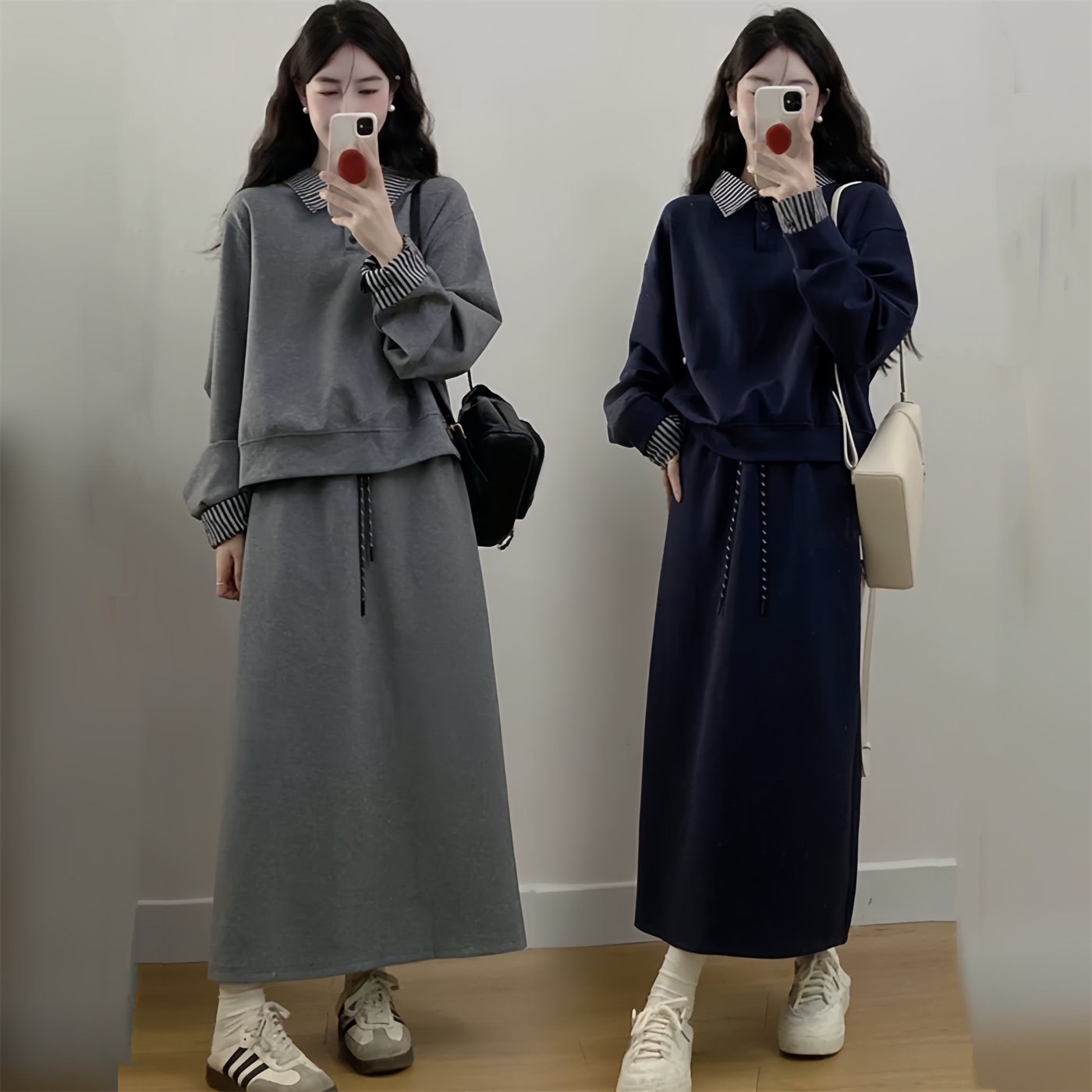 5168秋冬季套装女装休闲风轻熟风衬衣翻领上衣加半身裙两件套