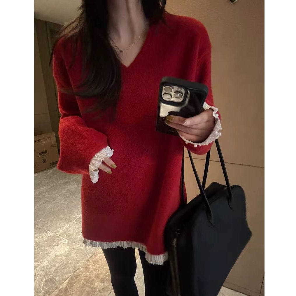 NICE圈圈、红色超正 V领拼接蕾丝边宽松羊羔毛卫衣A2207