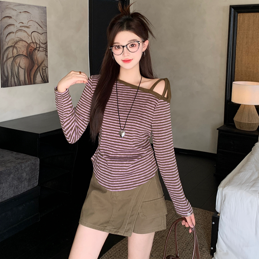 大码女装美式复古条纹斜肩撞色条纹长袖T恤上衣韩系慵懒露肩短款