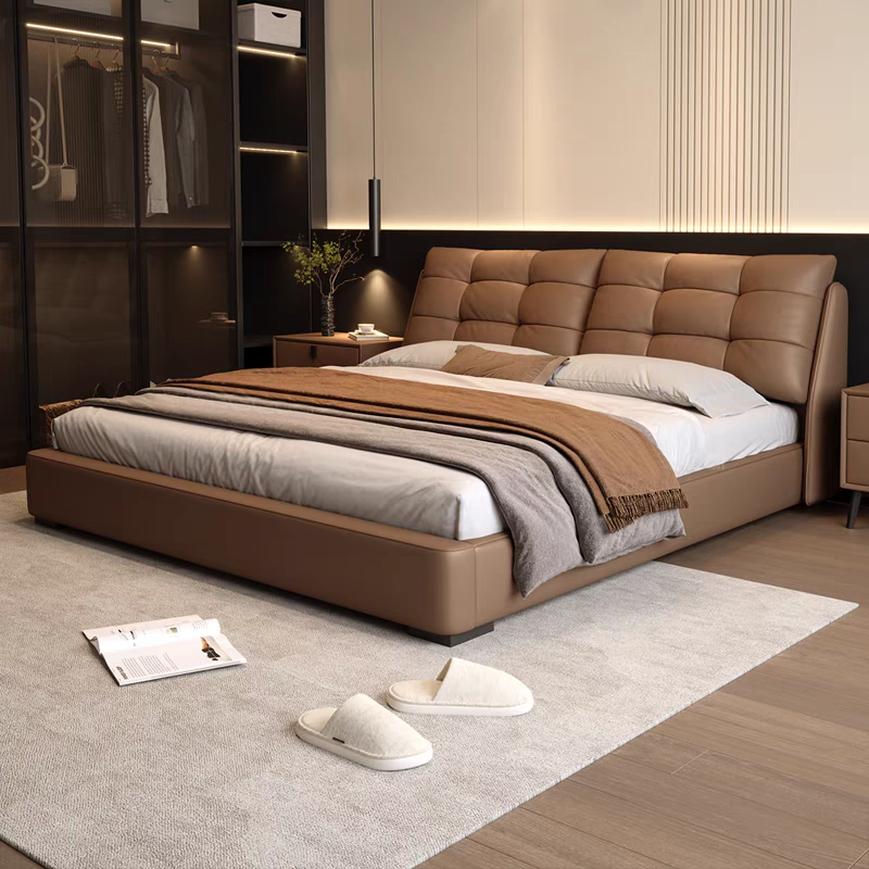 意式极简泡芙真皮床简约现代主卧高端双人床内嵌棉花糖儿童床